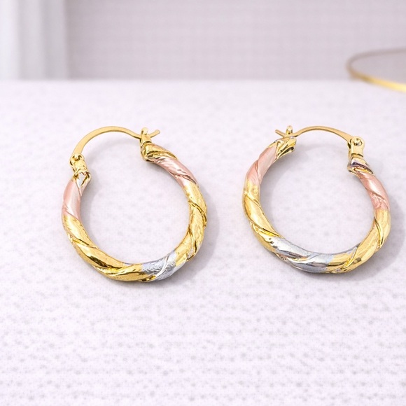 Jewelry - NWOT - Tri-Tone Twisted Hoop Earrings | Gold Silver Rose Gold Hoops